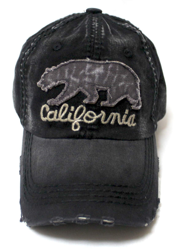 Distressed Adjustable Ballcap California Bear Monogram Embroidery Hat, Washed Vintage Black - Caps 'N Vintage 