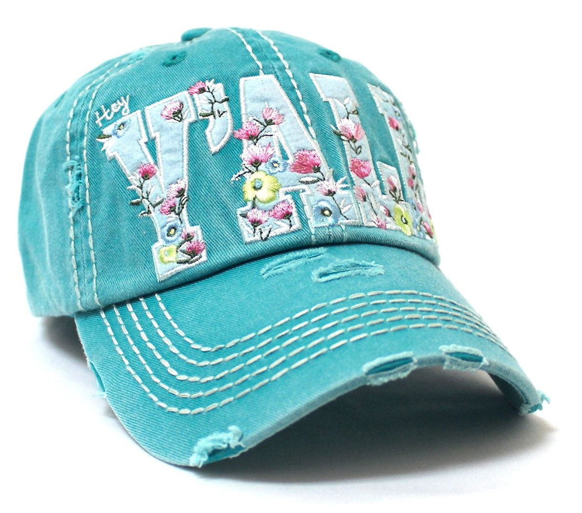 CAPS 'N VINTAGE Turquoise Floral Embroidery Hey Y'all Vintage Hat - Caps 'N Vintage 