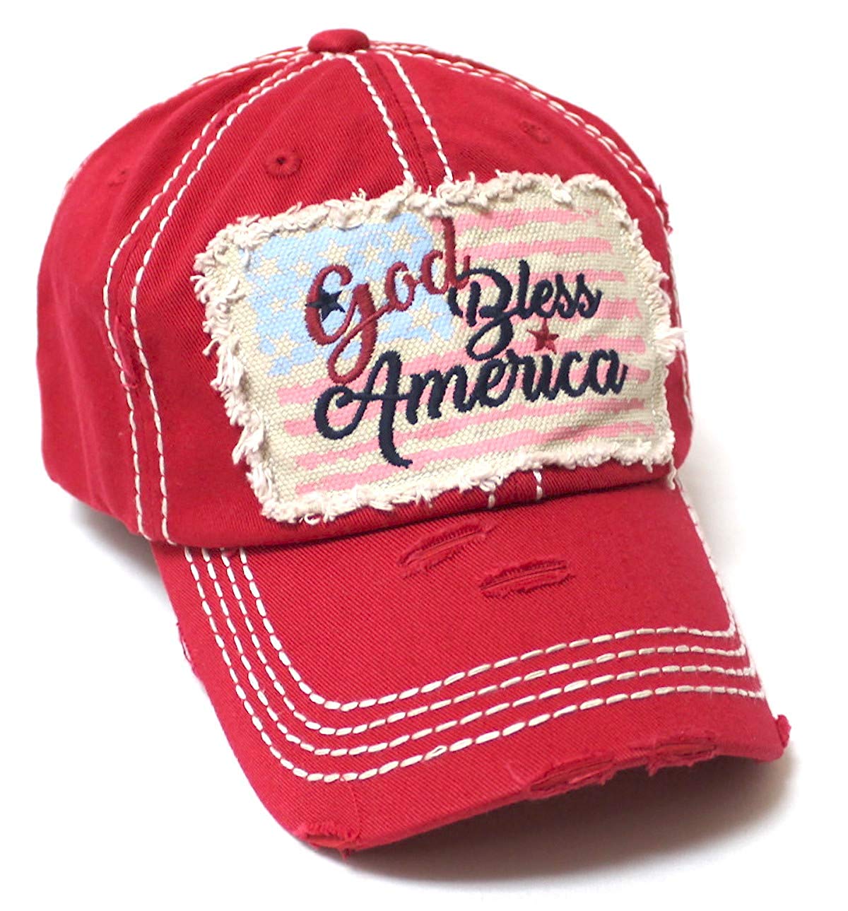 CAPS 'N VINTAGE July 4 Celebratory USA Flag Patch God Bless America Embroidery Ballcap, Ruby Red - Caps 'N Vintage 