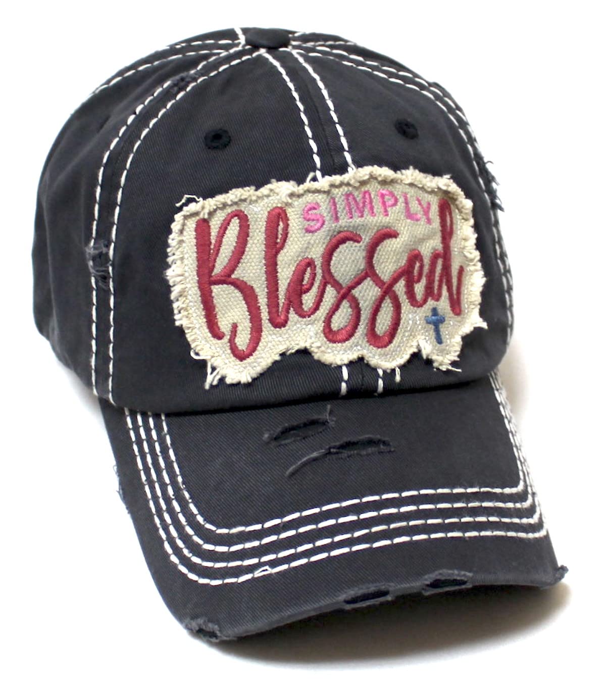 Unisex Monogram Cap Simply Blessed Cross, Faith Themed Patch Embroidery Distressed Hat
