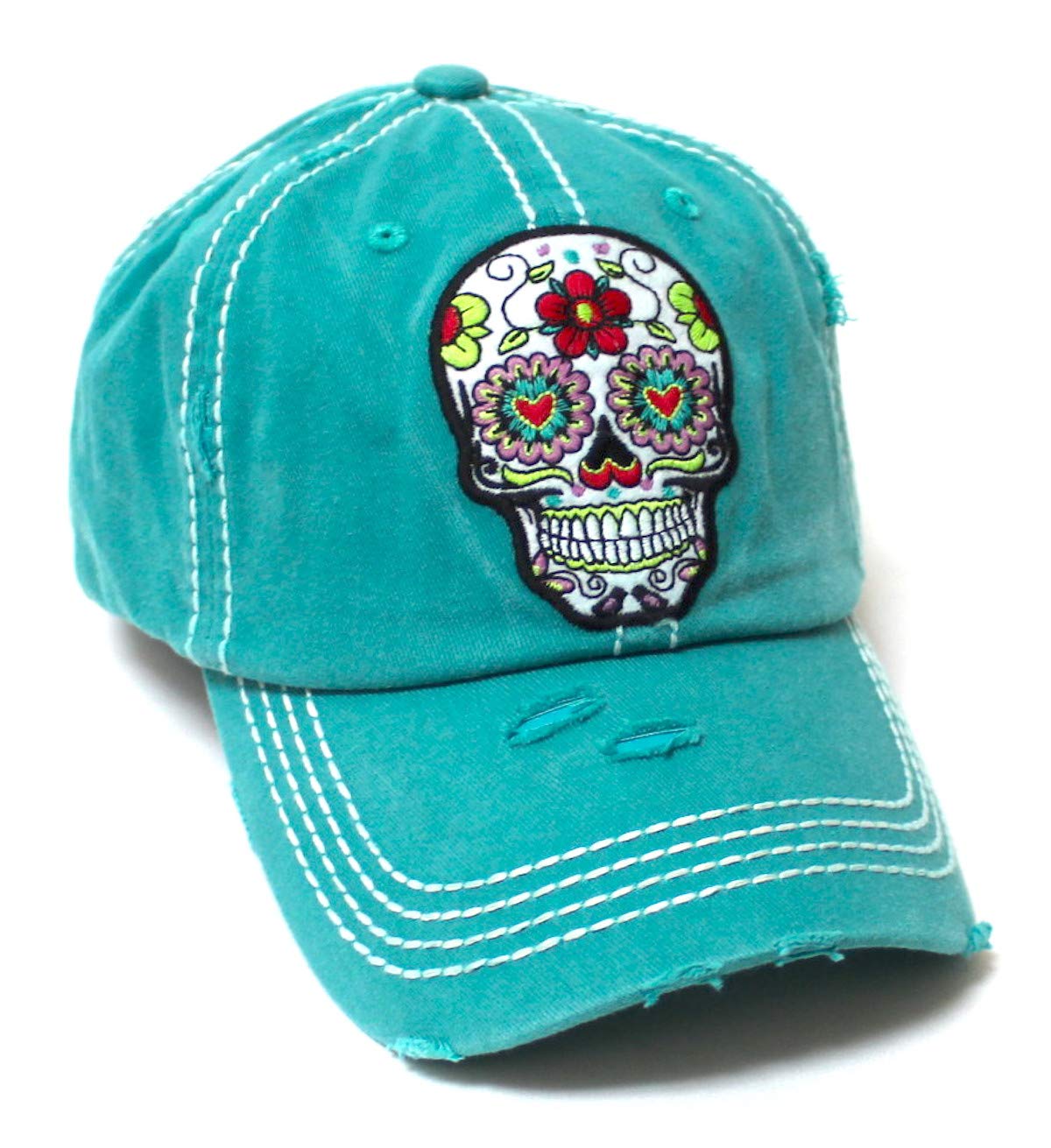 Women's Vintage Hat Sugar Skull Monogram Patch Embroidery Baseball Cap, California Jewel Turquoise