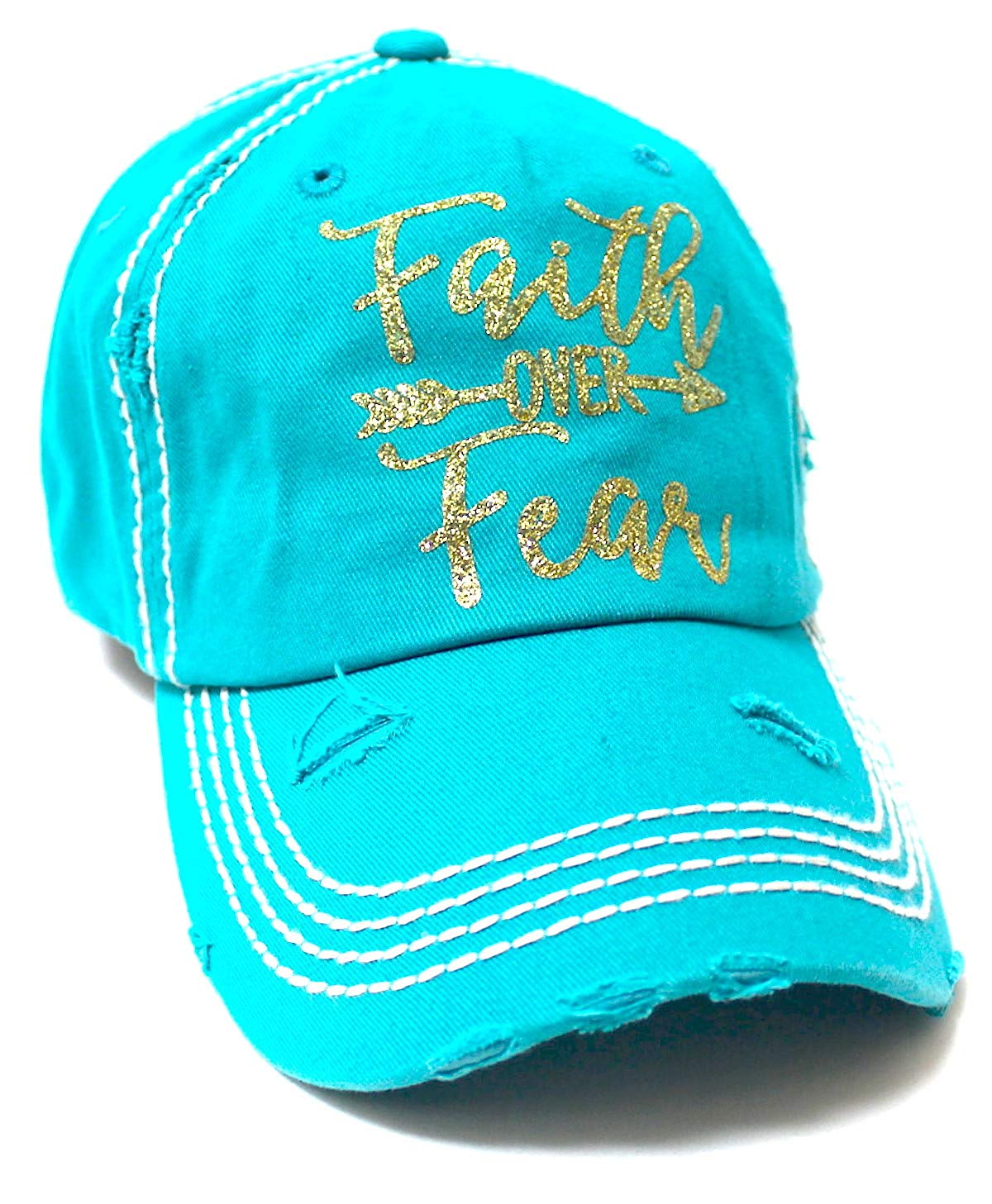 Women's Baseball Cap Faith Over Fear Glitter Monogram Hat, Turquoise Blue - Caps 'N Vintage 