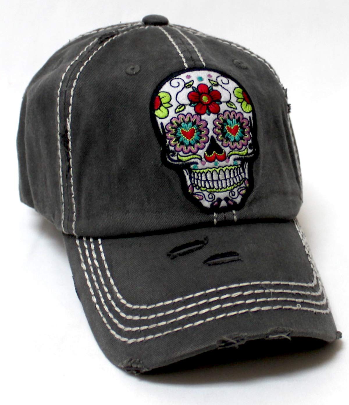 Women's Vintage Hat Sugar Skull Monogram Patch Embroidery Baseball Cap, Distressed American Black