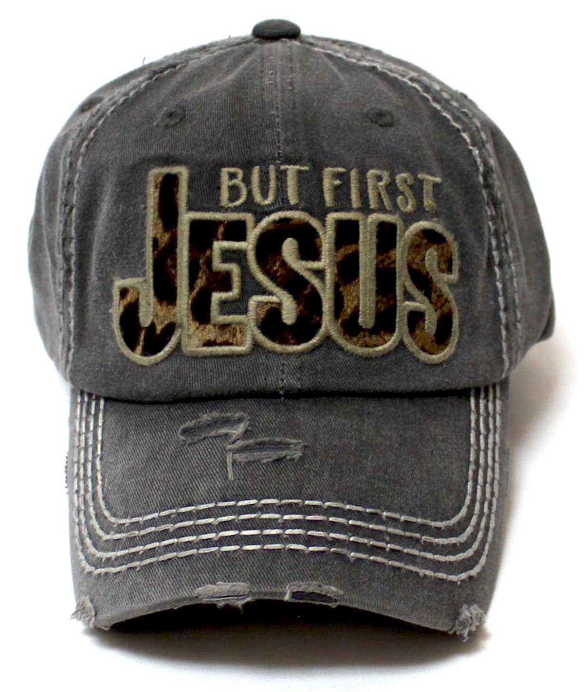 Women's Distressed Leopard Ballcap But First Monogram Embroidery Hat, Golden Charcoal