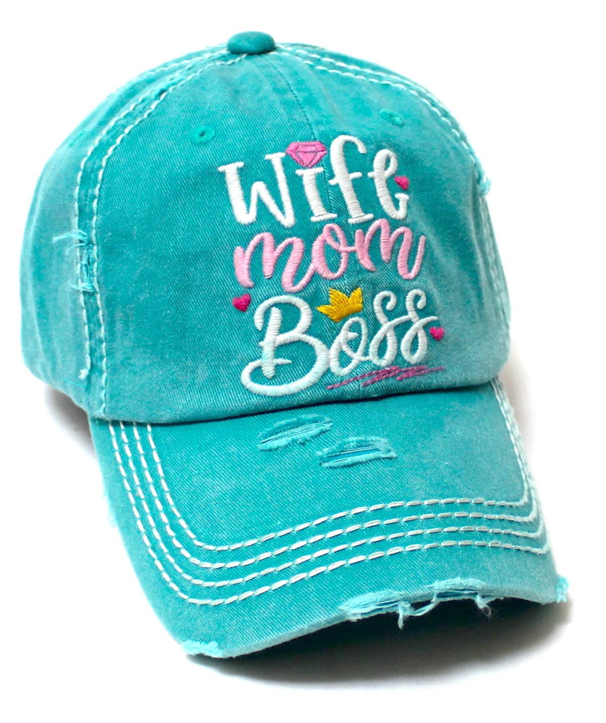 Women's Vintage Baseball Cap Wife, Mom, Boss Crown Diamond Hearts Monogram Embroidery Hat, Beach Turquoise