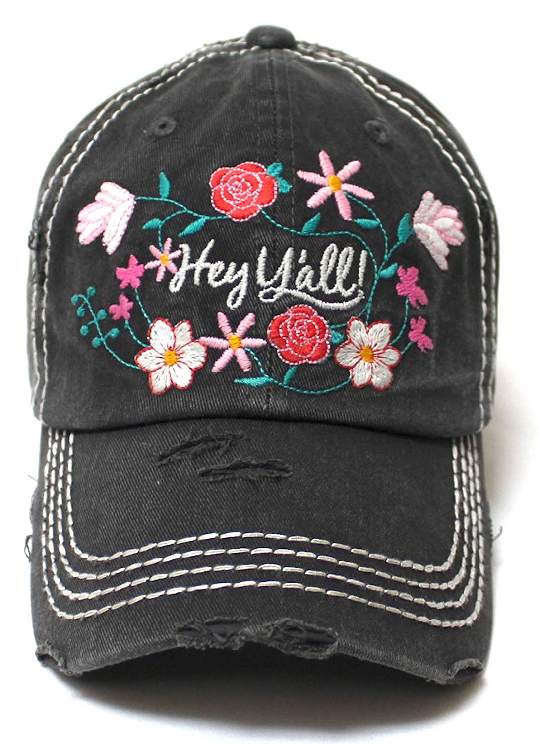 Women's Summer Ballcap Hey Y'all! Wildflower Embroidery Hat, Black - Caps 'N Vintage 