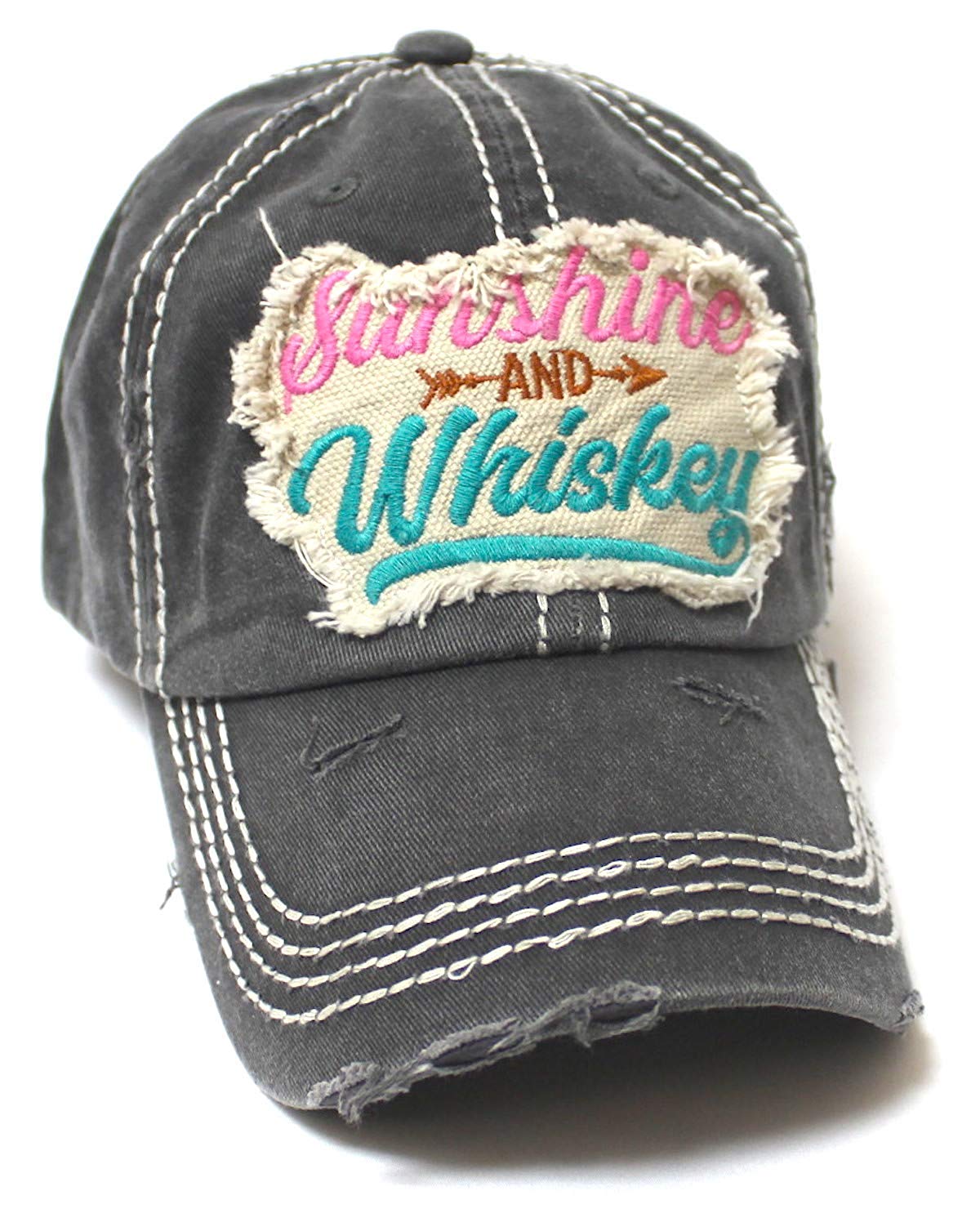 Women's Ballcap Sunshine and Whiskey Tribal Arrow Patch Embroidery Hat, Graphite - Caps 'N Vintage 