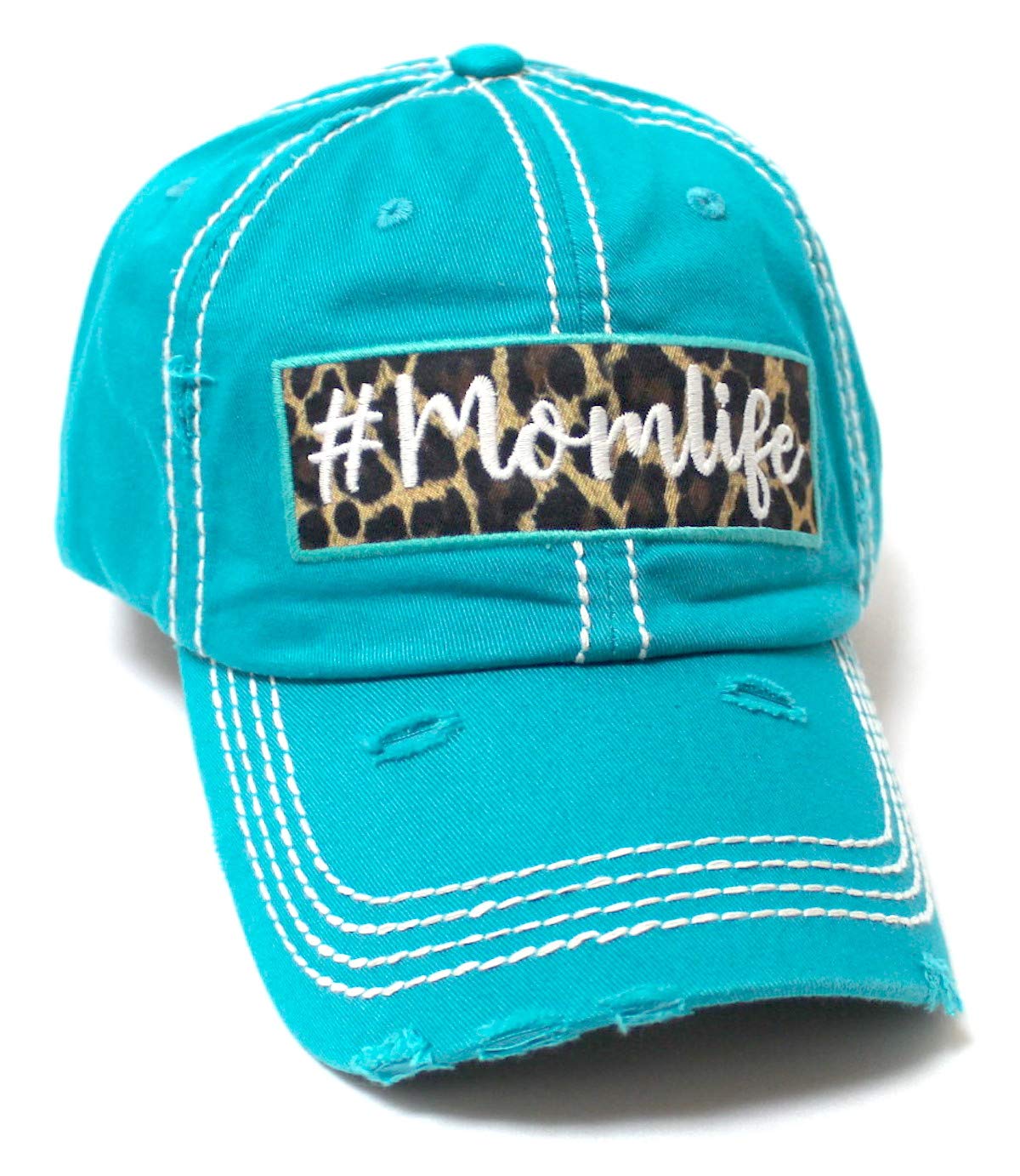 CAPS 'N VINTAGE Women's Distressed Cap #Momlife Leopard Print Patch Embroidery Monogram Hat, California Beach Blue - Caps 'N Vintage 