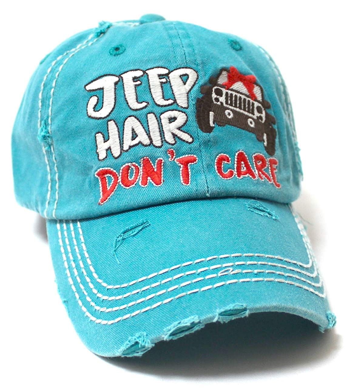 Ladies Bow-Tie Jeep Hair Don't Care Monogram Cheer Baseball Hat, Turquoise Blue - Caps 'N Vintage 
