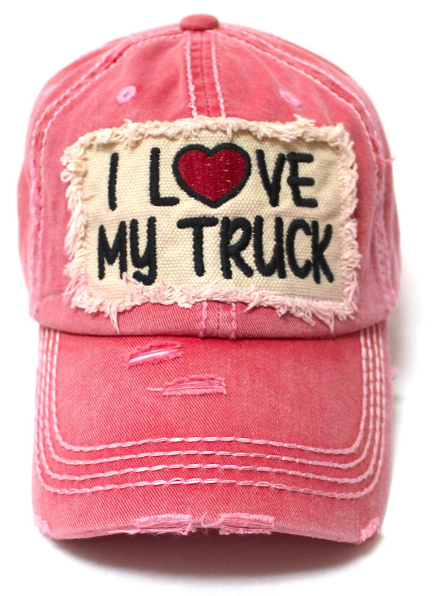 Women's Distressed Hat I Love My Truck Patch Embroidery Adjustable Cap, Rose Beach Pink - Caps 'N Vintage 