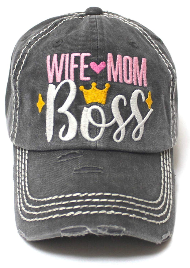 Women's Ballcap Wife Mom Boss Queen Crown Embroidery Hat, Vintage Black - Caps 'N Vintage 