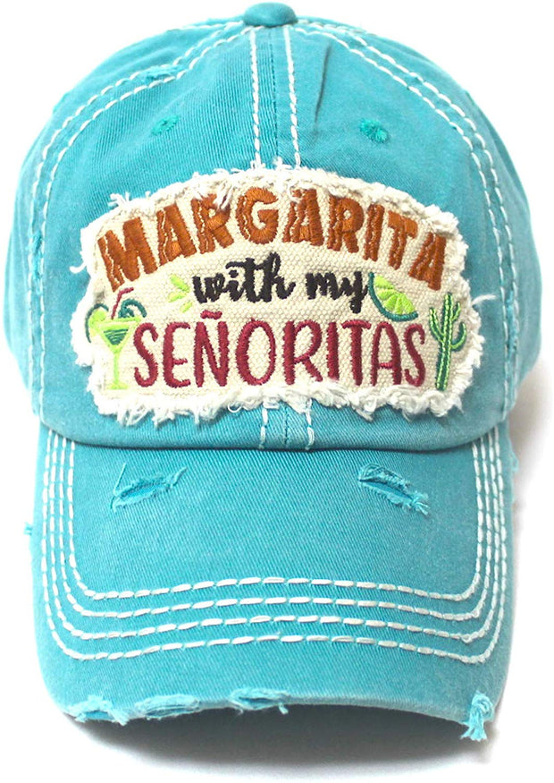 CAPS 'N VINTAGE Women's Ballcap Margarita with My Senoritas Beach Themed Patch Embroidery Hat, Turquoise Blue - Caps 'N Vintage 