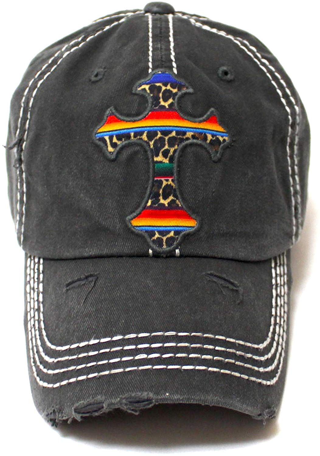 Classic Distressed Ballcap Christian Cross Monogram Embroidery, Serape Leopard Patterned Adjustable Hat, Vintage Blk - Caps 'N Vintage 