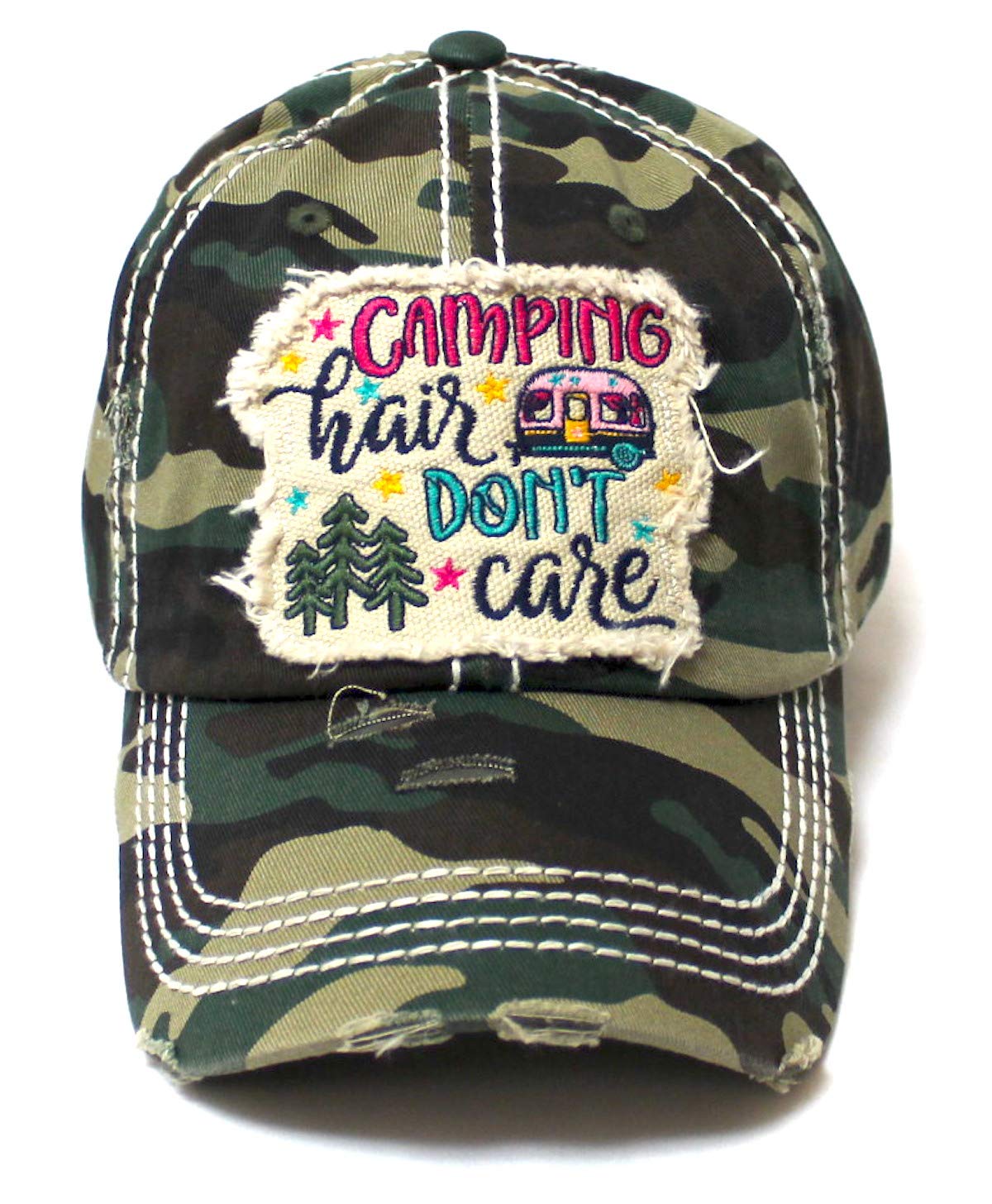CAPS 'N VINTAGE Women's Baseball Cap Camping Hair Don't Care Patch Embroidery Monogram Hat, Army Camoflauge - Caps 'N Vintage 