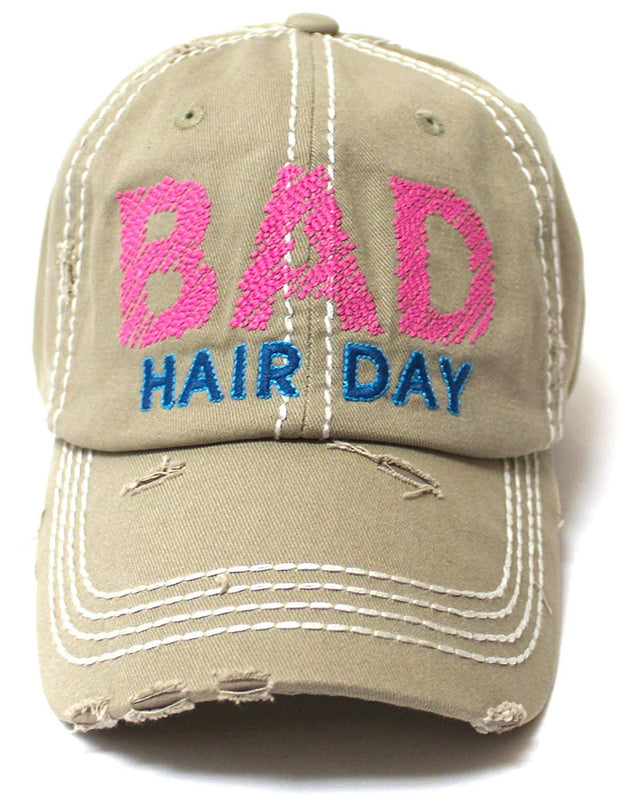 Bad Hair Day Stitch Embroidery Distressed Baseball Hat, Khaki - Caps 'N Vintage 