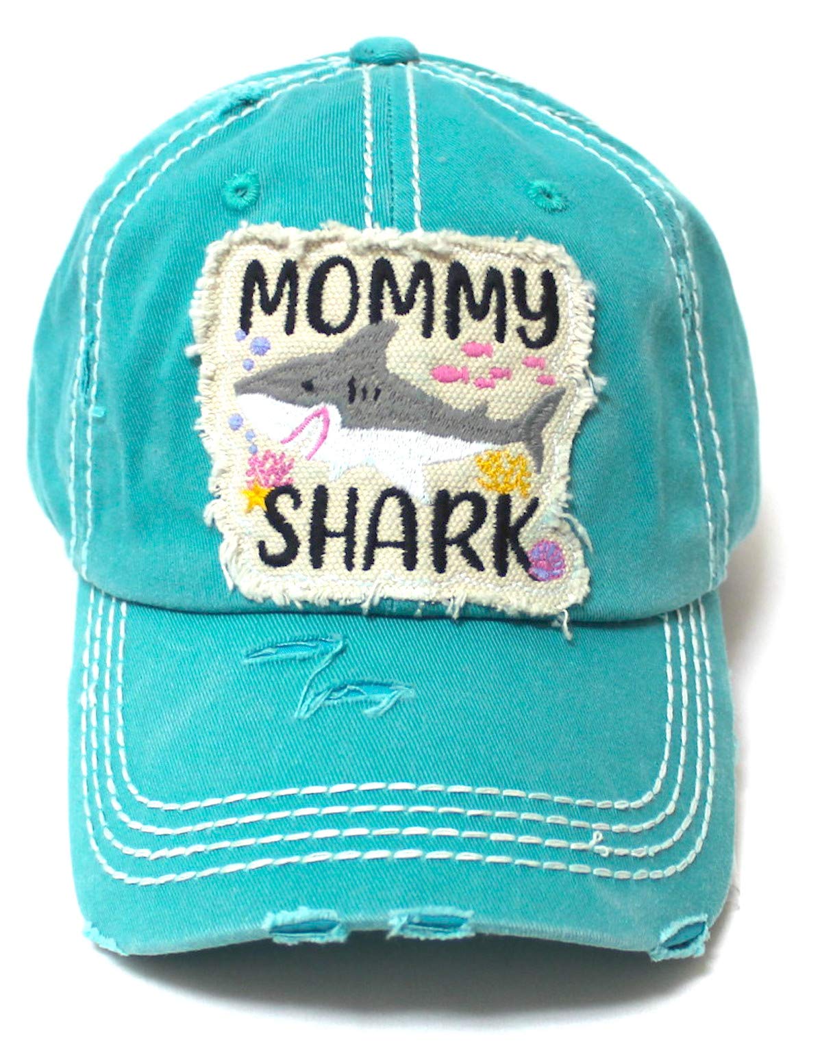 Womens Distressed Adjustable Hat Mommy Shark Patch Embroidery Monogram Ballcap, Seaworld Blue - Caps 'N Vintage 
