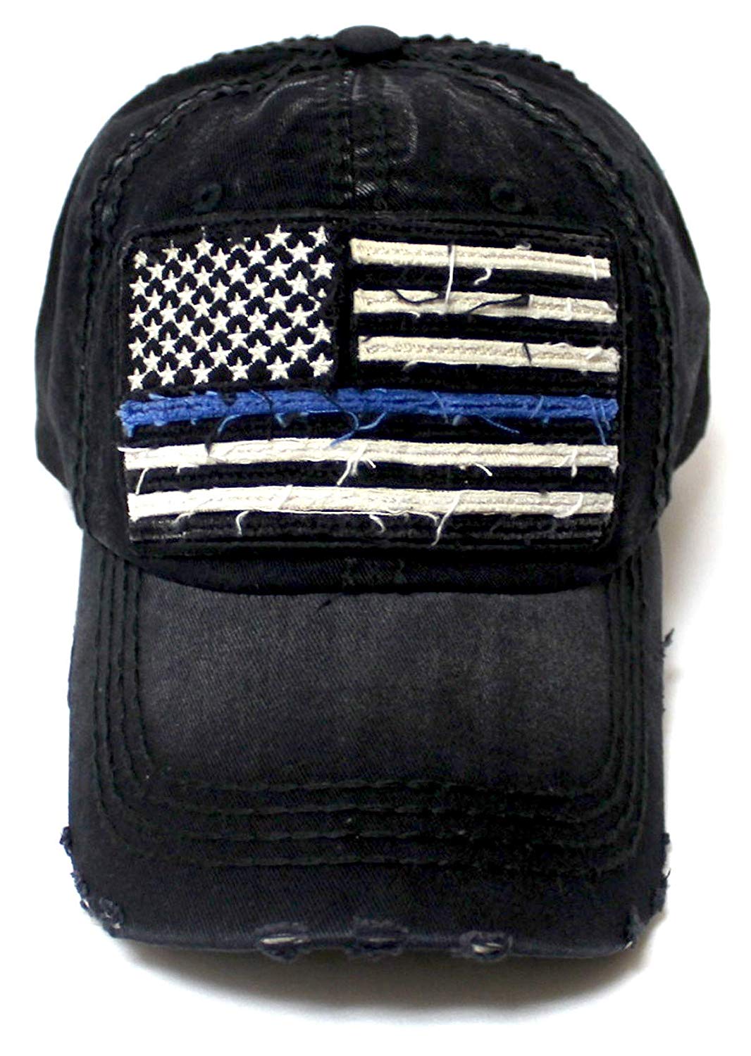 Classic Ballcap Blue Line Patriotic USA Police Department Memorial American Flag Vintage Hat, Black - Caps 'N Vintage 