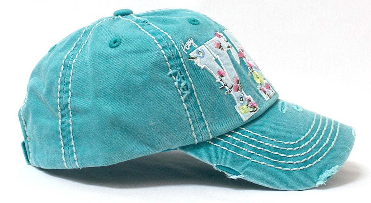 CAPS 'N VINTAGE Turquoise Floral Embroidery Hey Y'all Vintage Hat - Caps 'N Vintage 