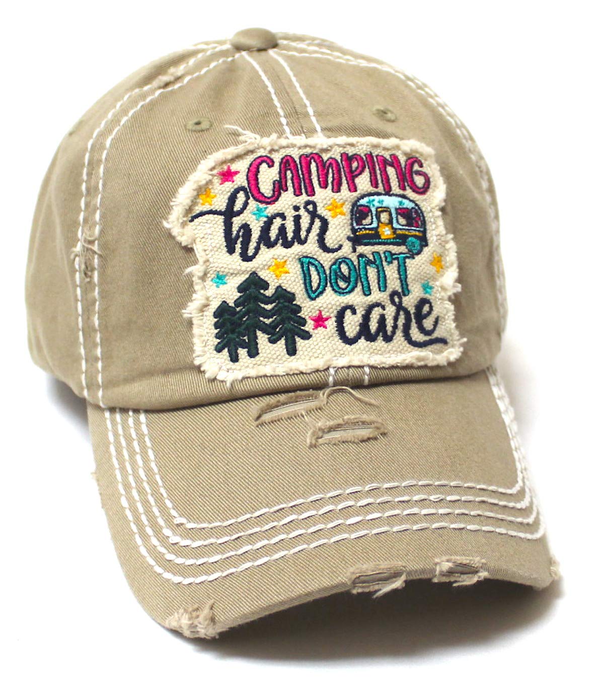Women's Baseball Cap Camping Hair Don't Care Patch Embroidery Monogram Hat, Vintage Khaki - Caps 'N Vintage 