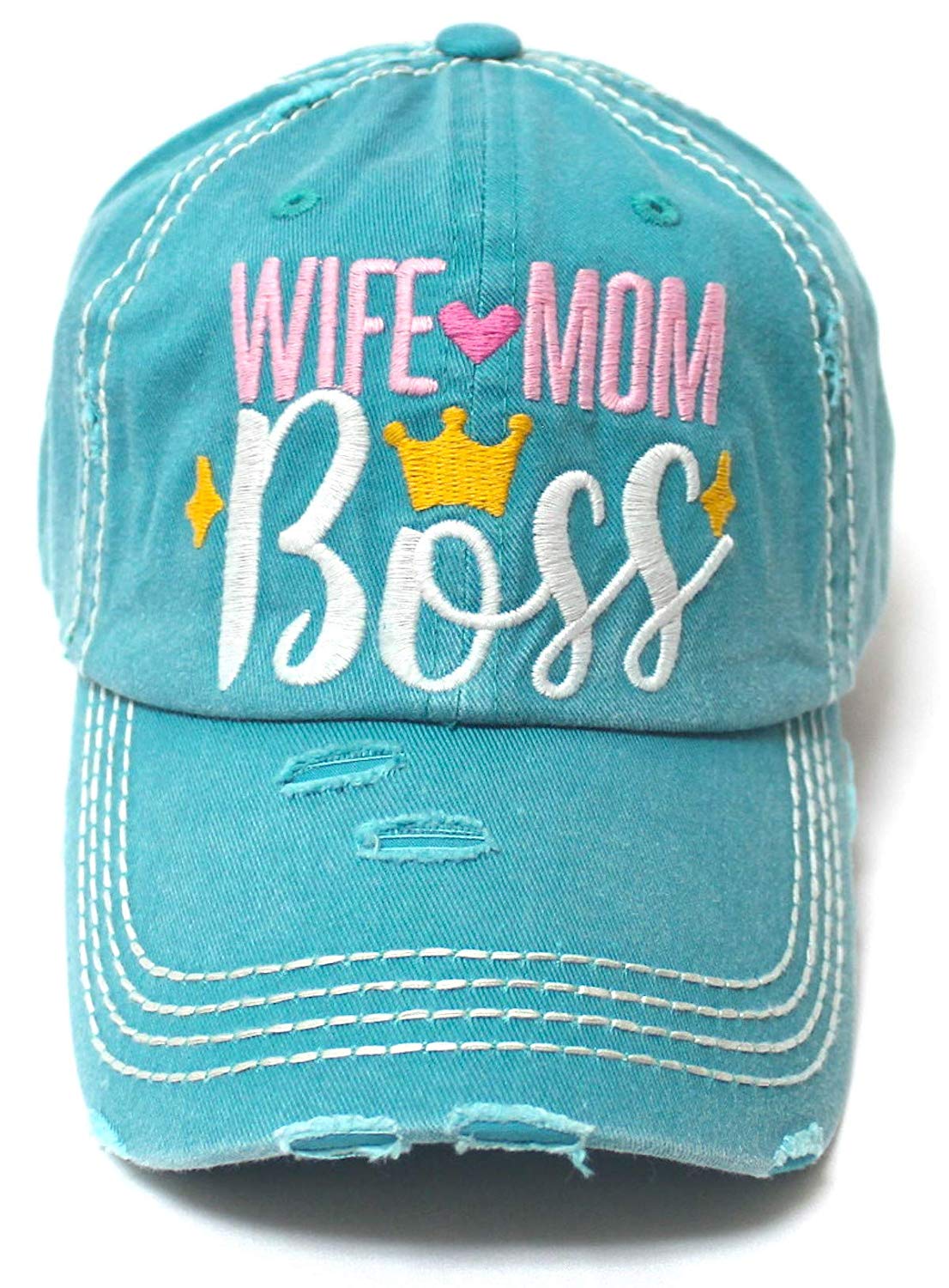 Women's Ballcap Wife Mom Boss Queen Crown Embroidery Hat, Turquoise - Caps 'N Vintage 