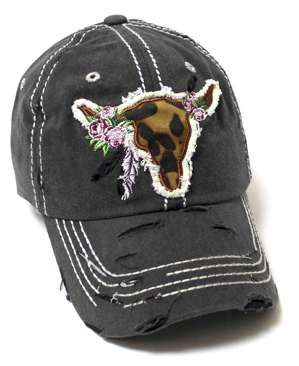 Women's Ballcap Leopard Print, Floral Cow Skull Feather Patch Embroidery Distressed Vintage Hat, Black - Caps 'N Vintage 