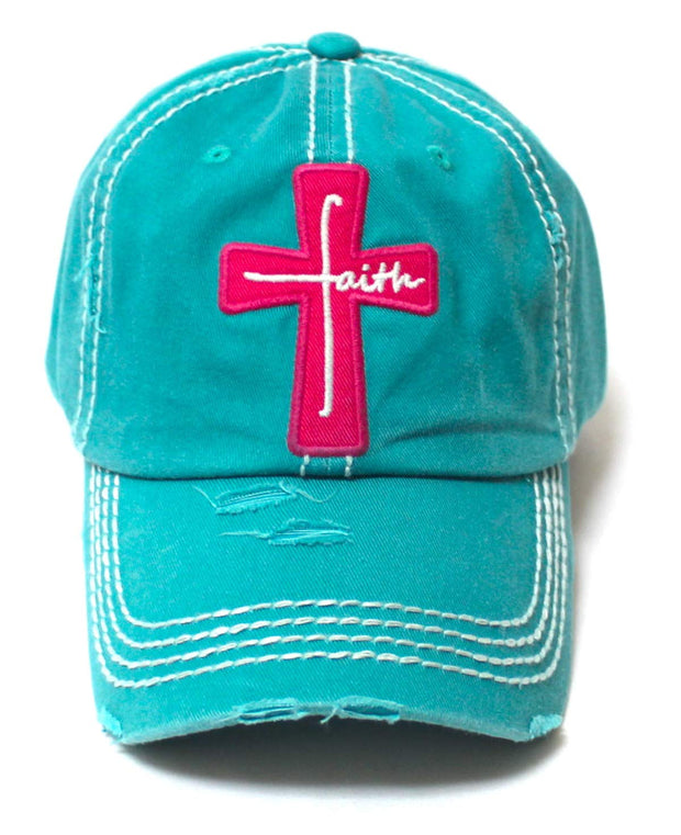 Women's Baseball Cap Faith Monogram Cross Patch Embroidery Monogram Hat, Jewel Turquoise
