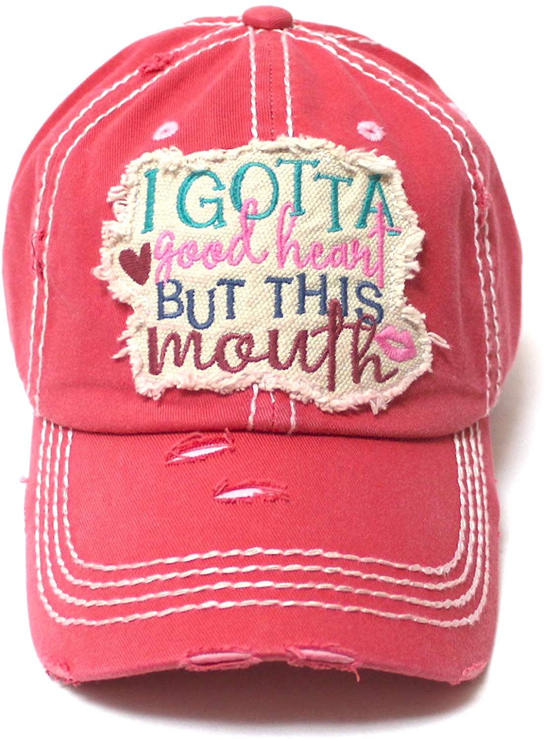 Women's Distressed Ballcap I Gotta Good Heart but This Mouth Hearts, Kisses Patch Embroidery Hat, Coral Rose - Caps 'N Vintage 