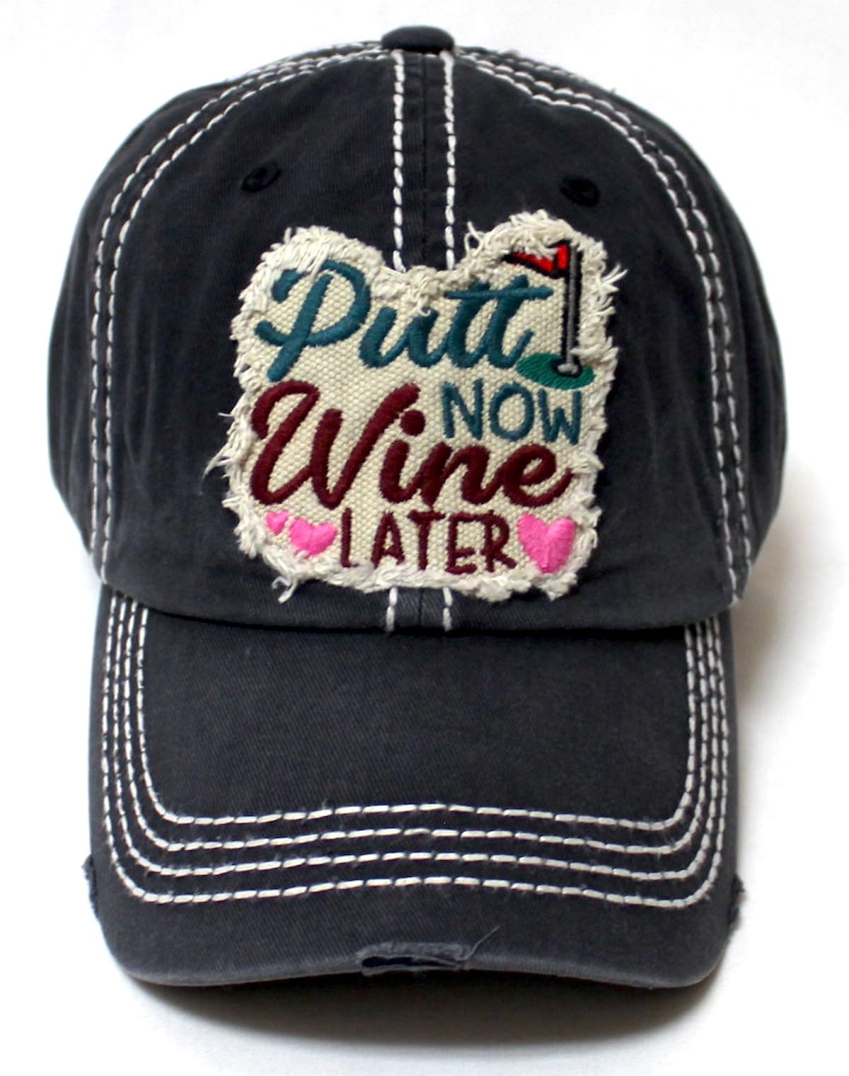 Distressed Ballcap Putt Now Wine Later Golfing Adjustasble Patch Embroidery Hat
