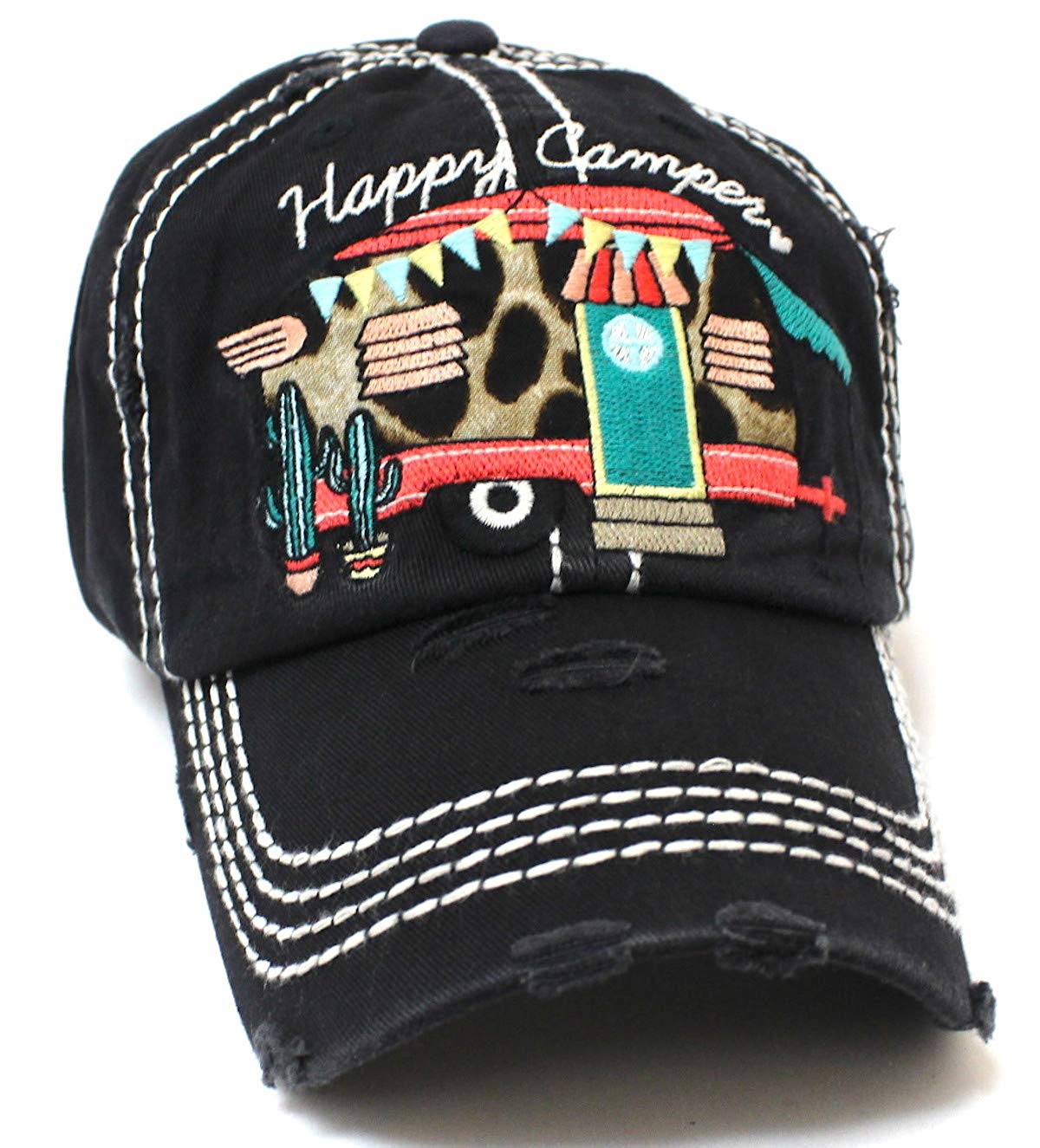 New!! Black Cactus & Leopard Print Happy Camper Cap - Caps 'N Vintage 