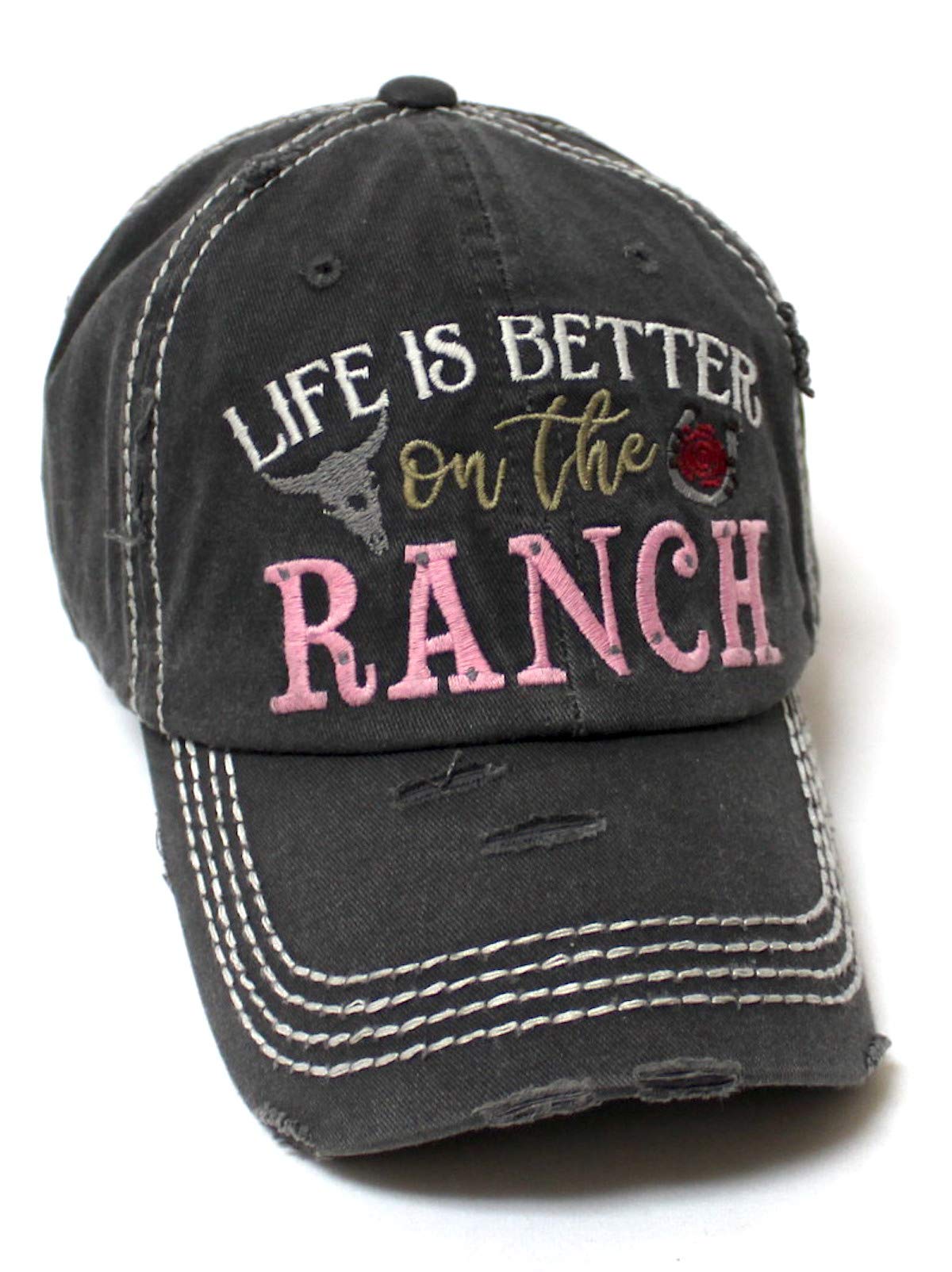 Women's Baseball Cap Life is Better on The Ranch Country Western Monogram Adjustable Hat, Vintage Black - Caps 'N Vintage 