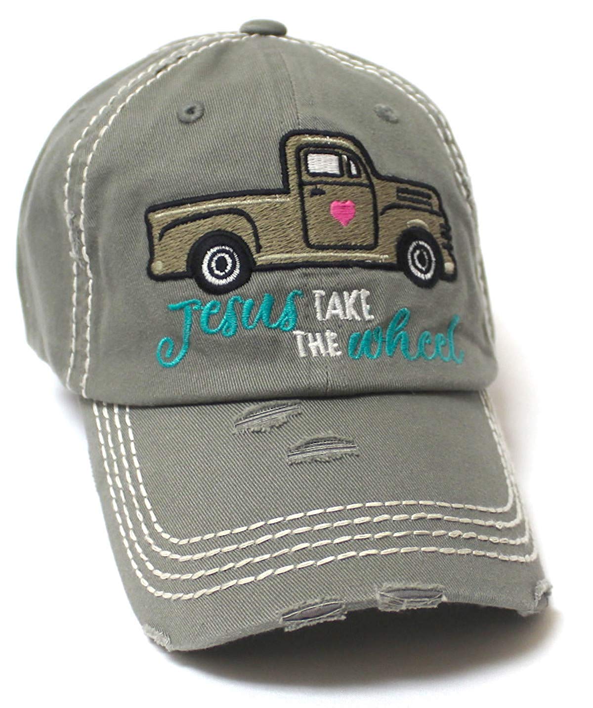 CAPS 'N VINTAGE Women's Camping Cap Jesus Take The Wheel Truck Heart Embroidery Hat, Slate Grey - Caps 'N Vintage 