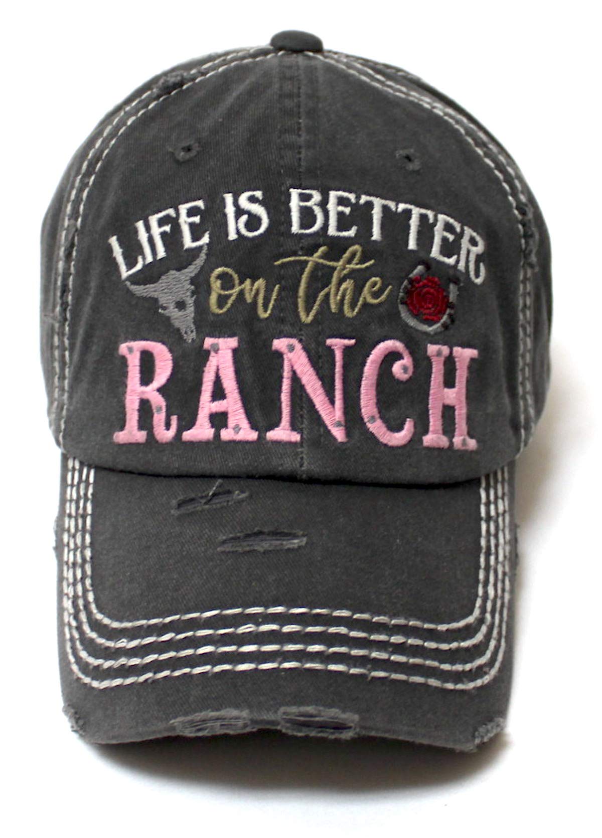 Women's Baseball Cap Life is Better on The Ranch Country Western Monogram Adjustable Hat, Vintage Black - Caps 'N Vintage 