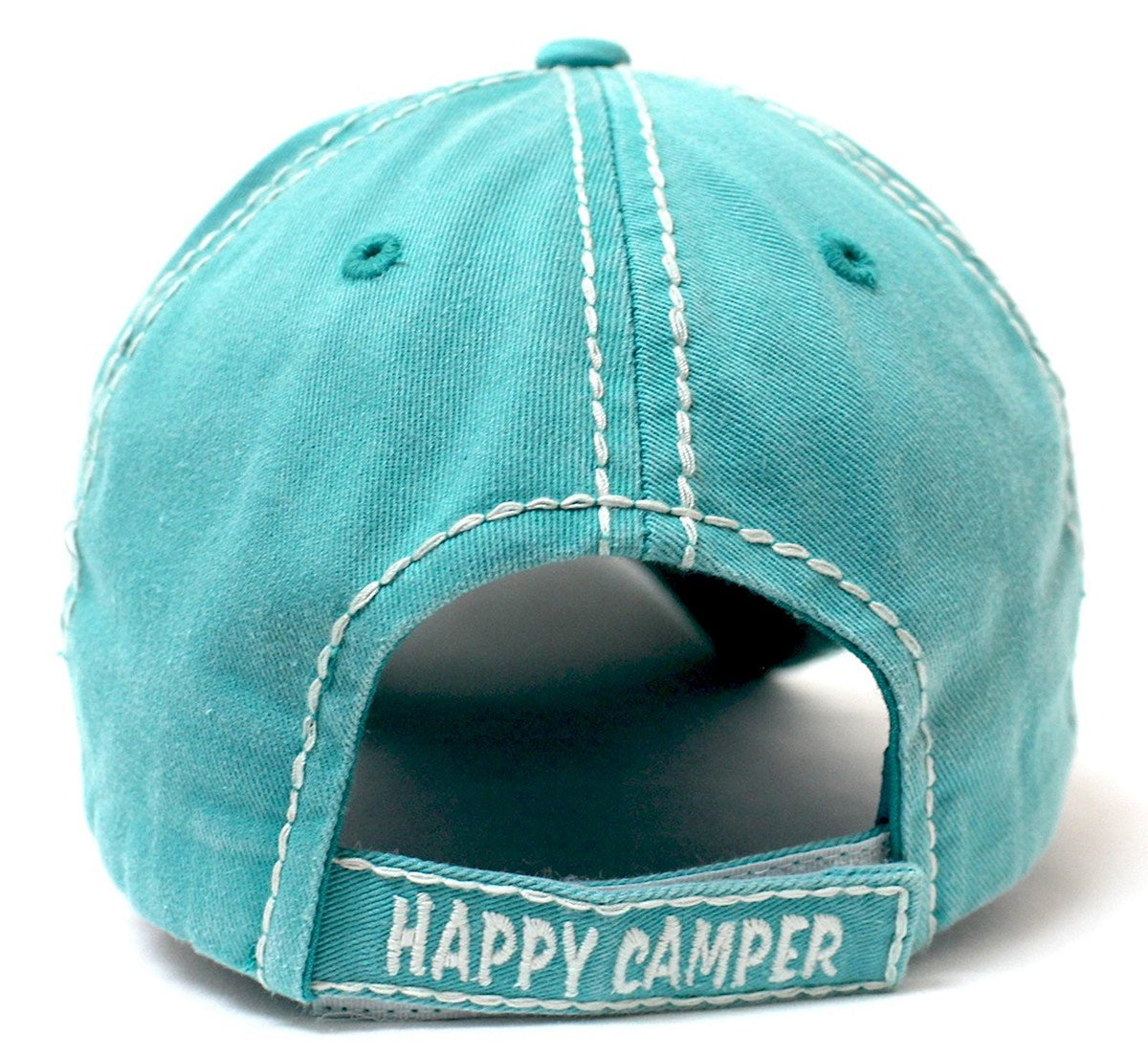 TIFFANY BLUE Happy Camper Camp Fire Patch Embroidery Baseball Hat - Caps 'N Vintage 