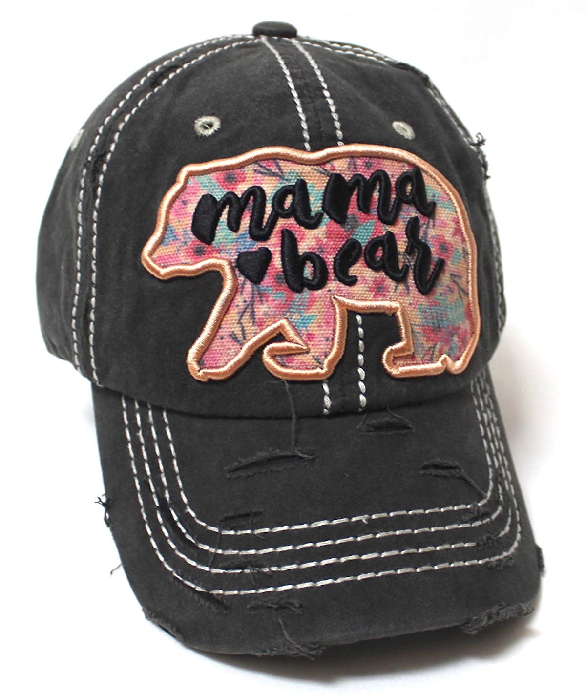Women's Ballcap Mama Bear Floral Print Patch Rose Gold Embroidery Unconstructed Hat, Vintage Black - Caps 'N Vintage 
