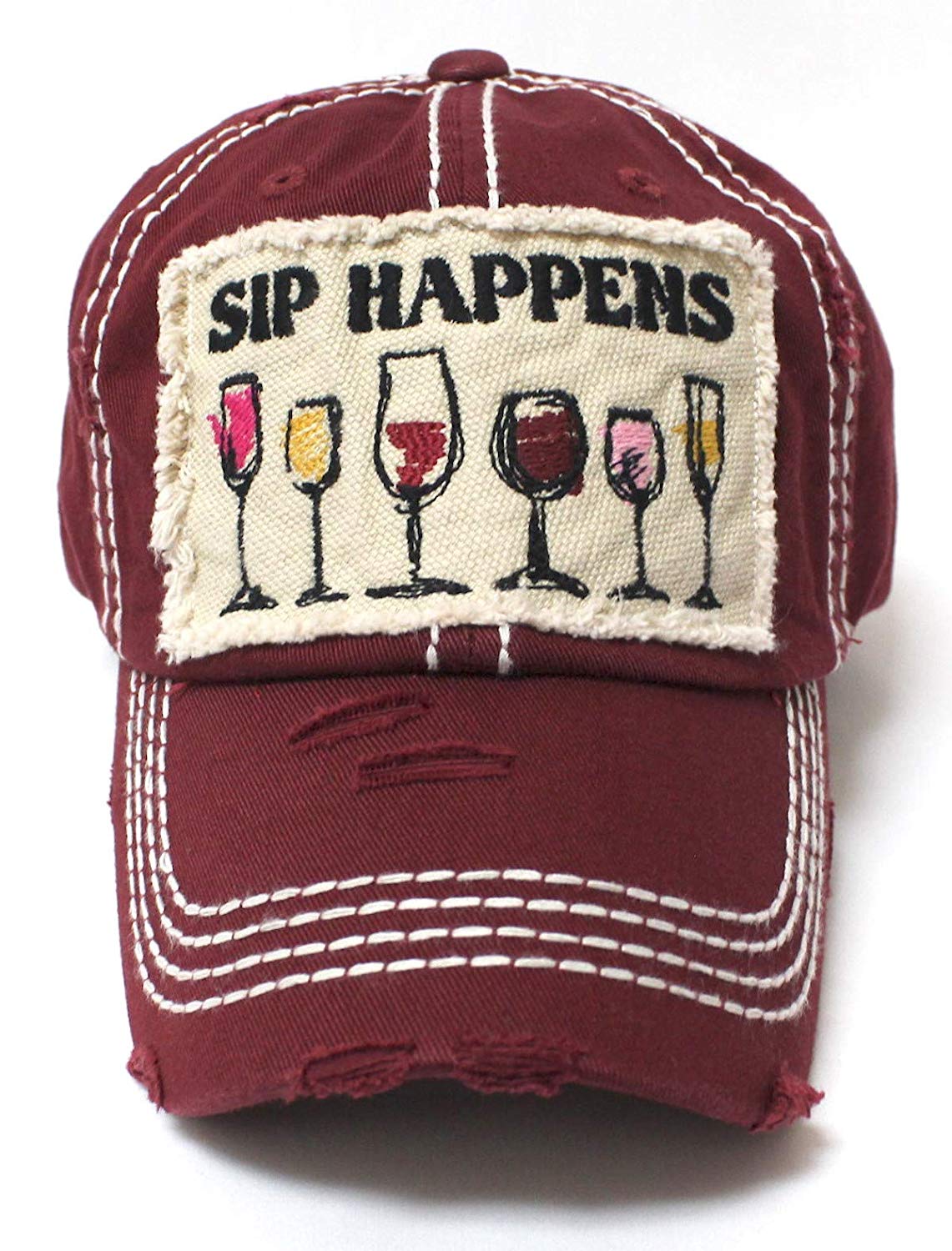 Burgundy SIP Happens Patch Embroidery Cap w/Humor Wine Glasses - Caps 'N Vintage 