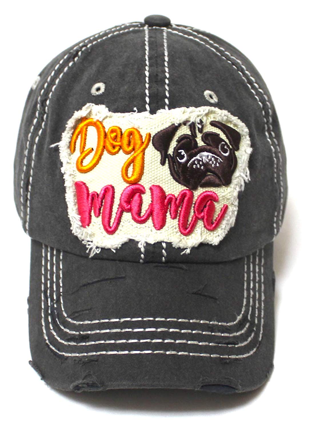 Women's Ballcap Dog Mama Pug Face Patch Embroidery Unconstructed Hat, Vintage Black - Caps 'N Vintage 