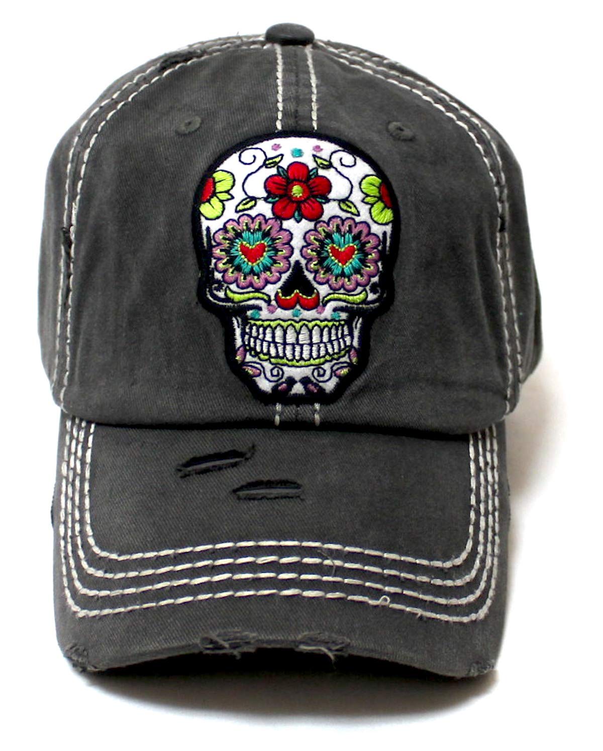 Women's Vintage Hat Sugar Skull Monogram Patch Embroidery Baseball Cap, Distressed American Black
