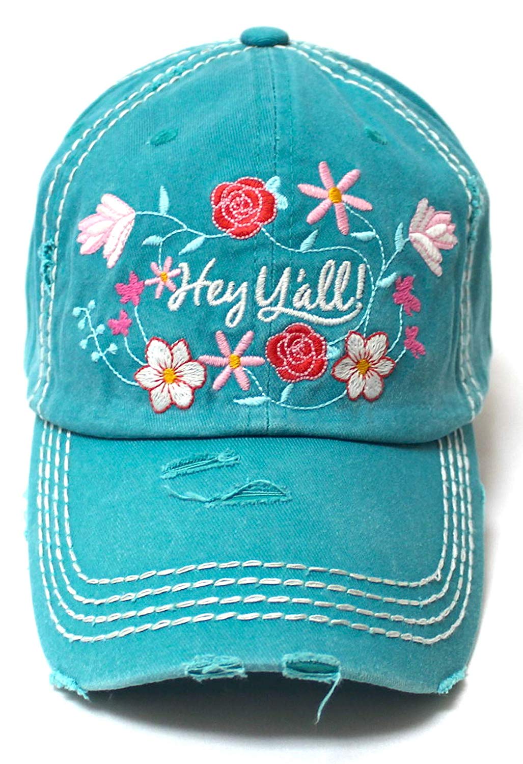 Women's Summer Ballcap Hey Y'all! Wildflower Embroidery Hat, Turquoise - Caps 'N Vintage 