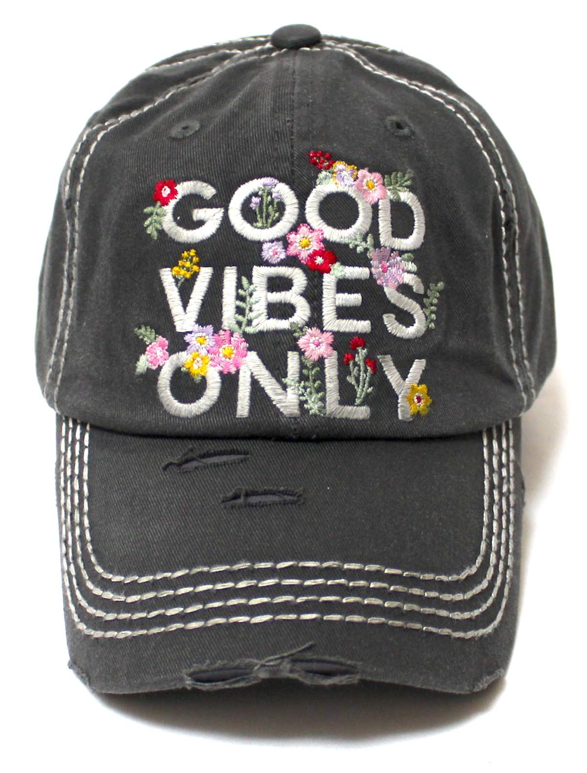 Women's Summer Ballcap Good Vibes Only Floral Monogram Embroidery Beach Hat, Vintage Black - Caps 'N Vintage 