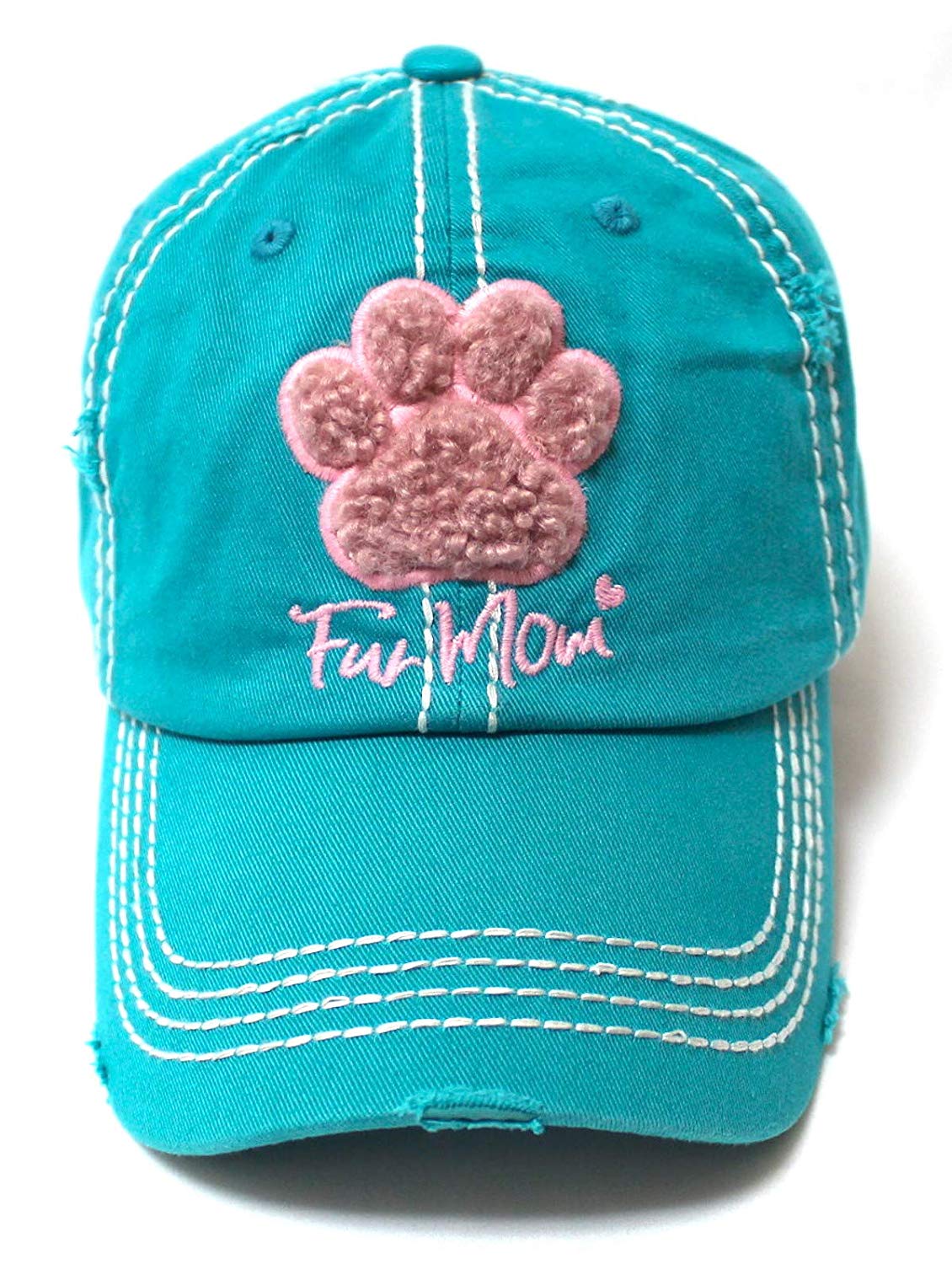 Women's Distressed Graphic Cap Fur Mom Fuzzy Dog Paw Embroidery, Turquoise - Caps 'N Vintage 