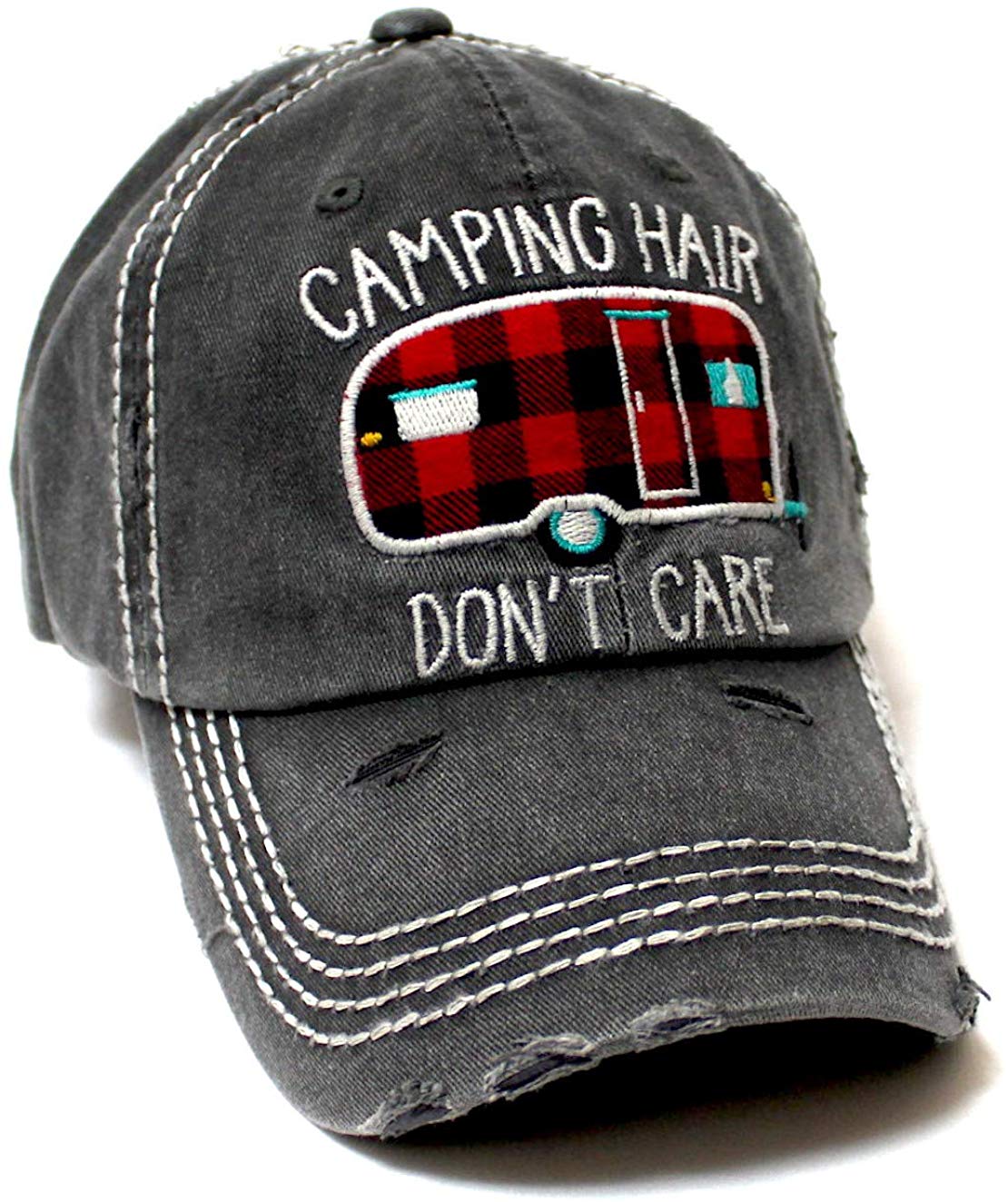 Camping Hair Don't Care Distressed Ballcap, Buffalo Plaid Patterned Truck Embroidery Adjustable Hat, Vintage Black - Caps 'N Vintage 