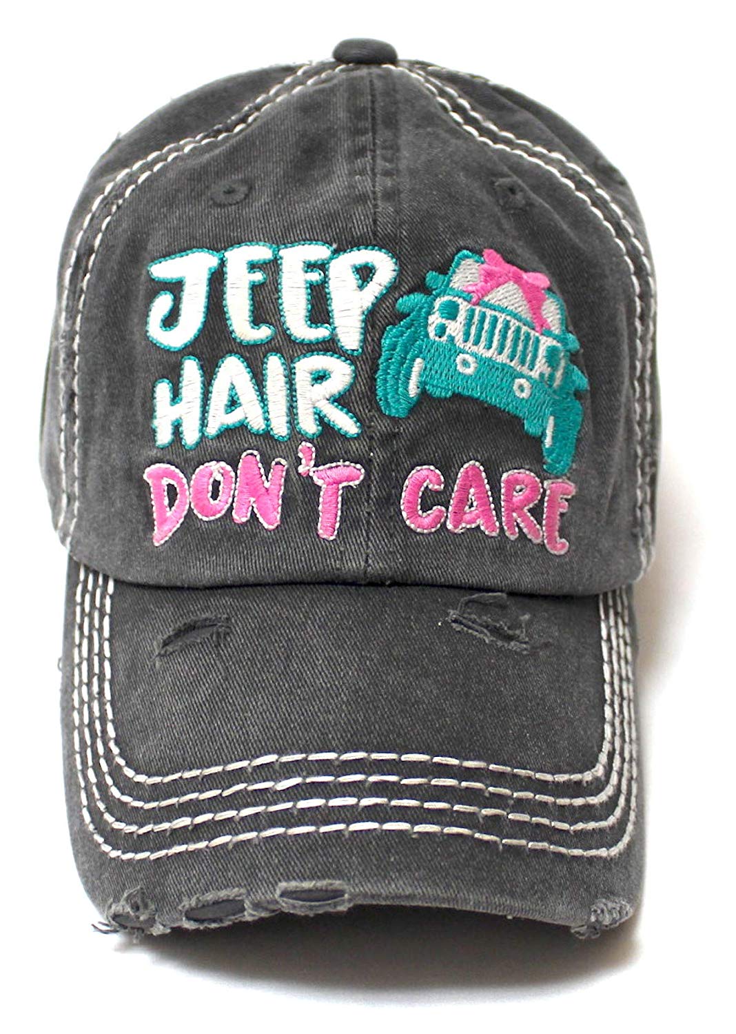 Ladies Bow-Tie Jeep Hair Don't Care Monogram Cheer Baseball Hat, Charcoal Black - Caps 'N Vintage 