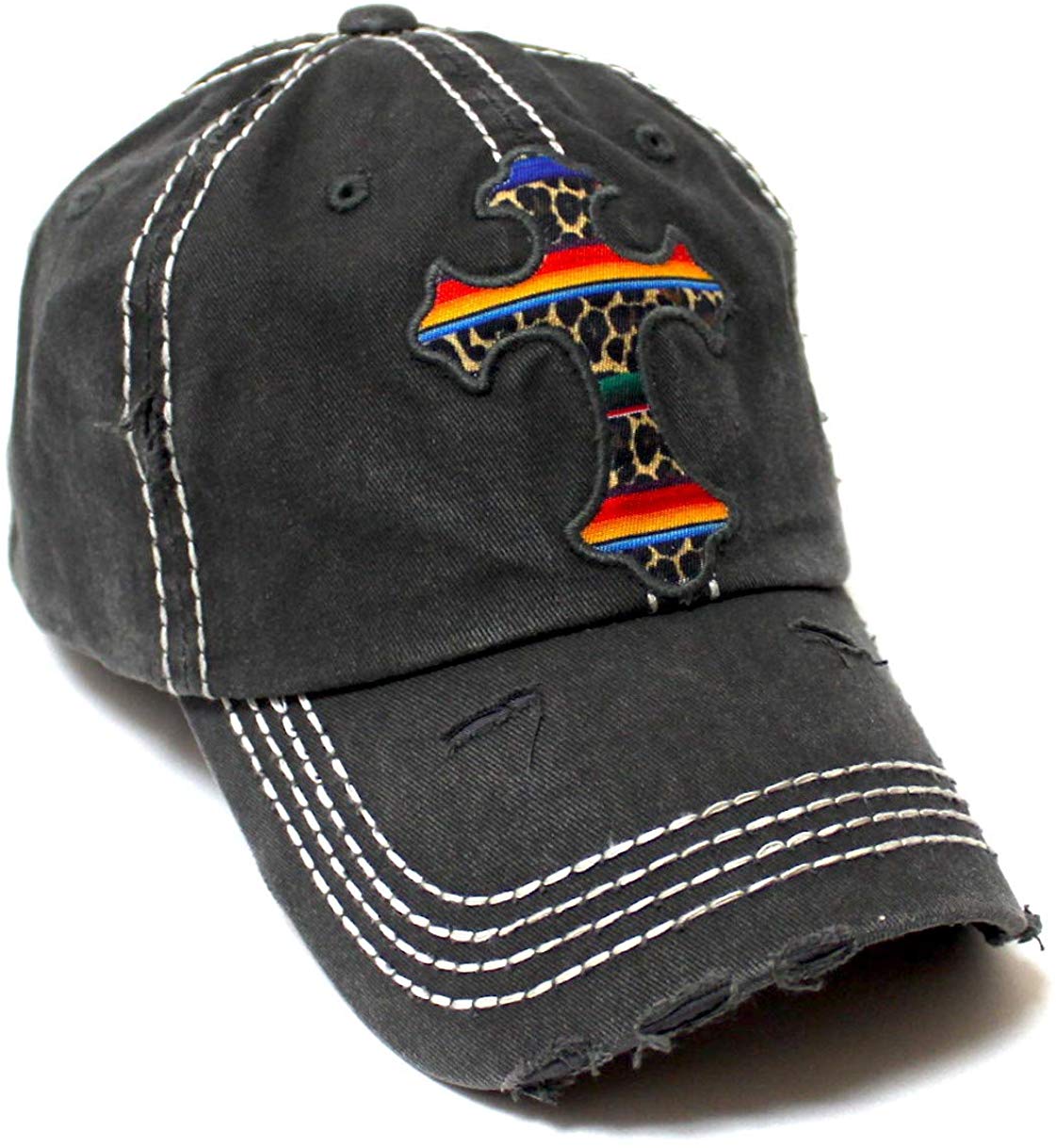 Classic Distressed Ballcap Christian Cross Monogram Embroidery, Serape Leopard Patterned Adjustable Hat, Vintage Blk - Caps 'N Vintage 