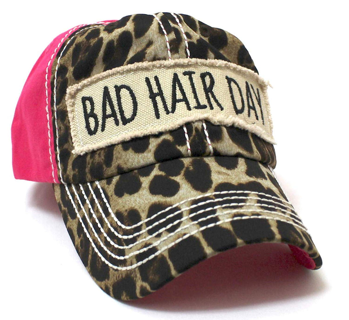 NEW!! Leopard/Pink"BAD HAIR DAY" Patch Embroidery Hat - Caps 'N Vintage 