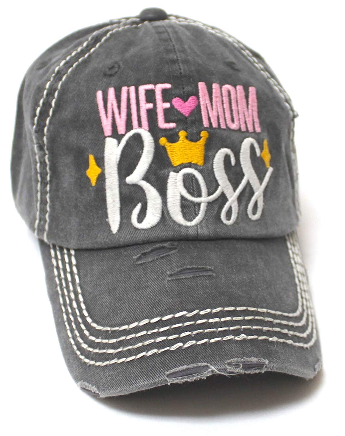 Women's Ballcap Wife Mom Boss Queen Crown Embroidery Hat, Vintage Black - Caps 'N Vintage 