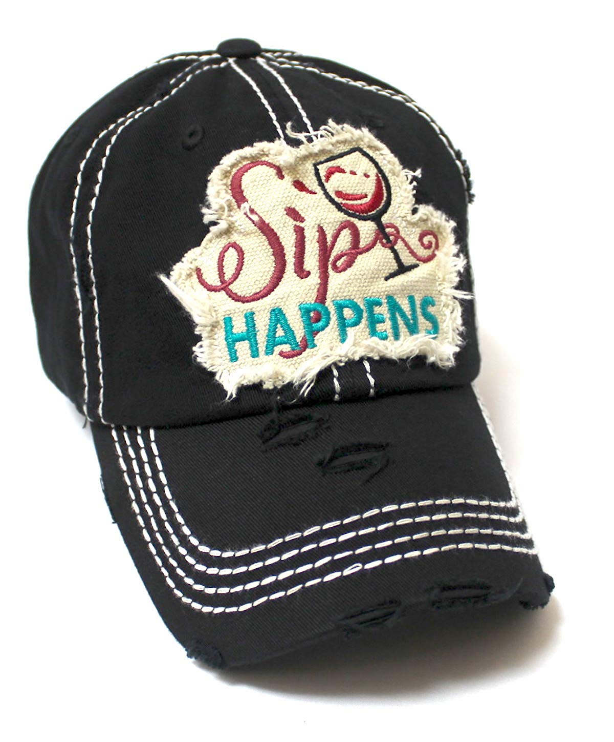 CAPS 'N VINTAGE Women's Baseball Cap Wine Glass Sip Happens Monogram Embroidery Hat, Black - Caps 'N Vintage 