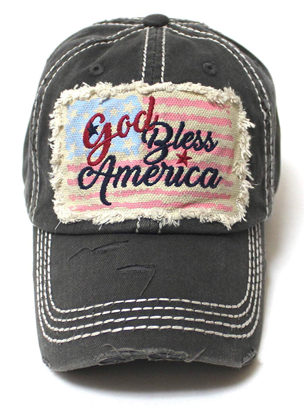 July 4 Celebratory USA Flag Patch God Bless America Embroidery Ballcap, Vintage Charcoal Blk - Caps 'N Vintage 