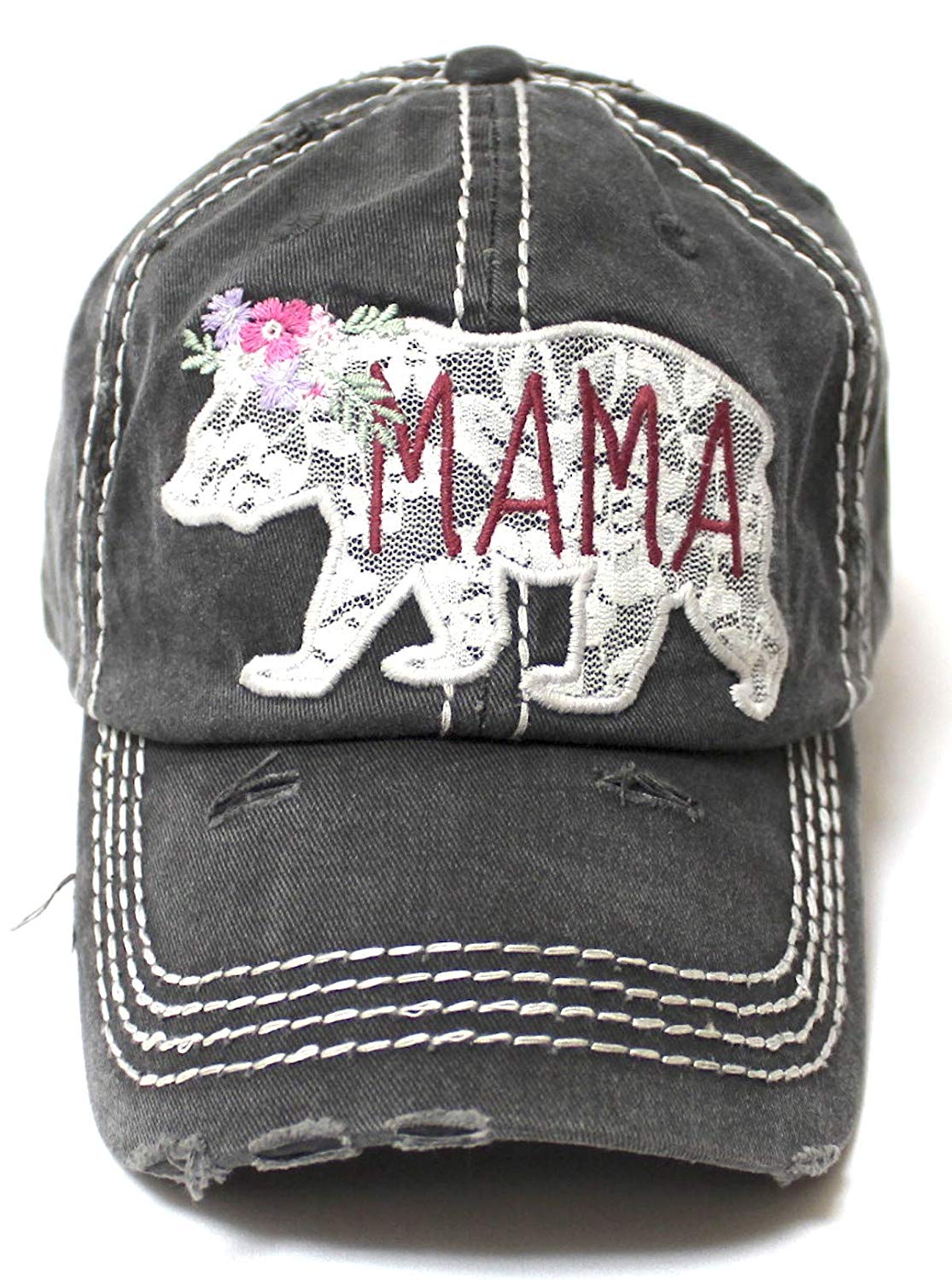 Women's Vintage Mama Graphic Cap, Spring Floral Lace Bear Embroidery, Blk - Caps 'N Vintage 