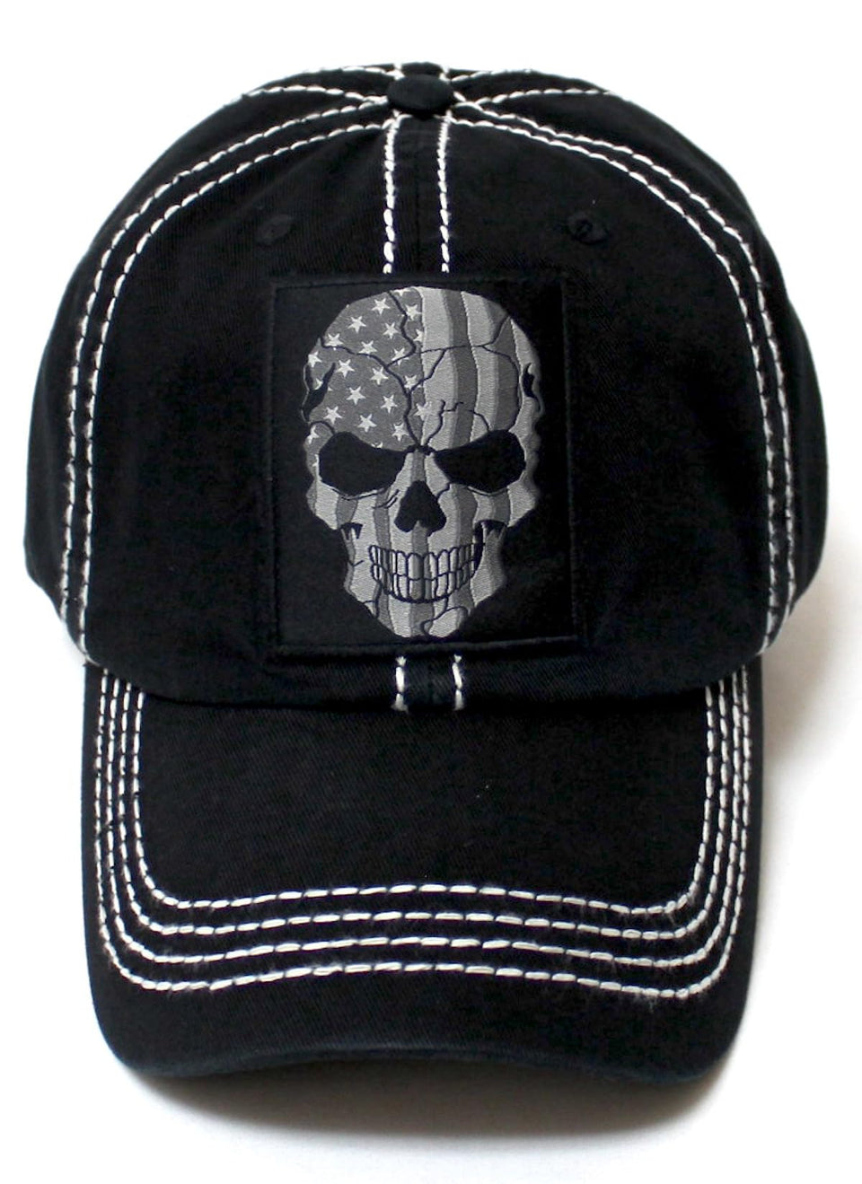 CAPS 'N VINTAGE Unisex Distressed Ballcap American Flag Skull Patch Embroidery Hat, Grunge Black