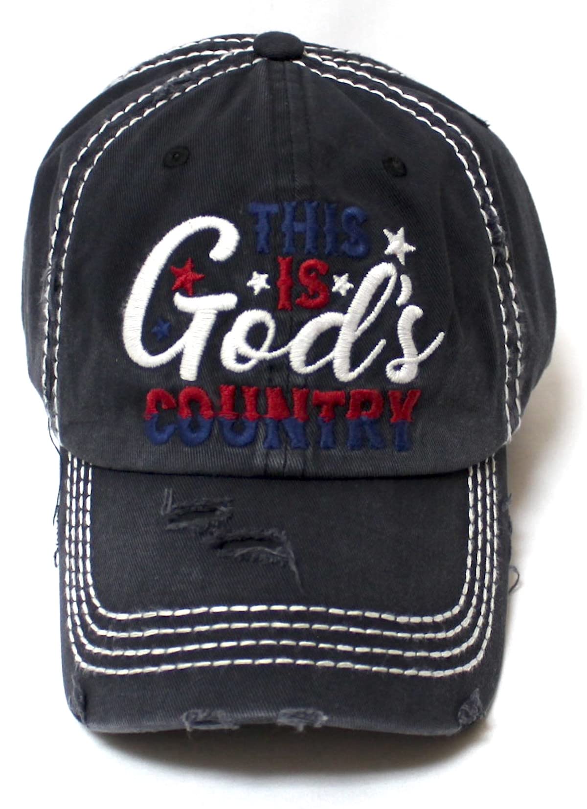 CAPS 'N VINTAGE American Distressed Hat This is God's Country Stars, Stripes & Red, White & Blue USA Themed Cap, Black - Caps 'N Vintage 